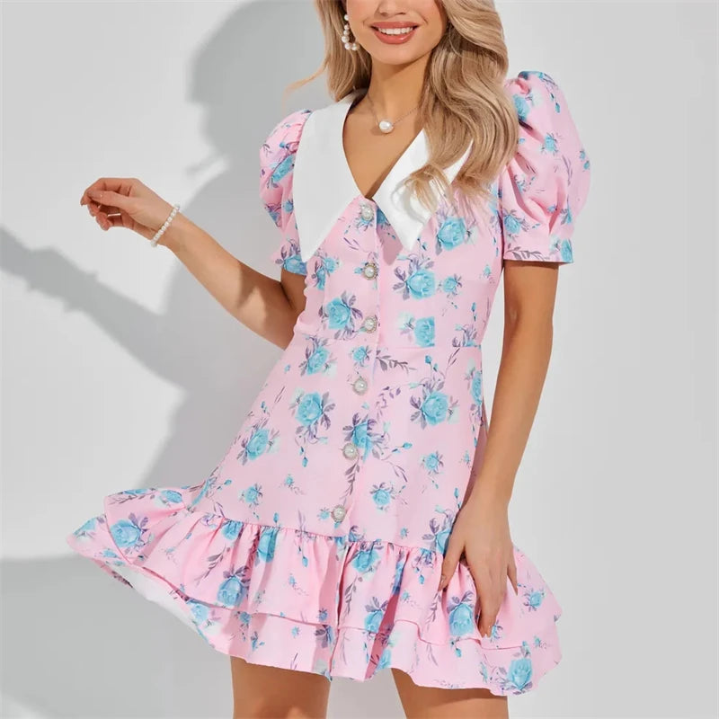 nova Print Puff Sleeves Ruffled Dress