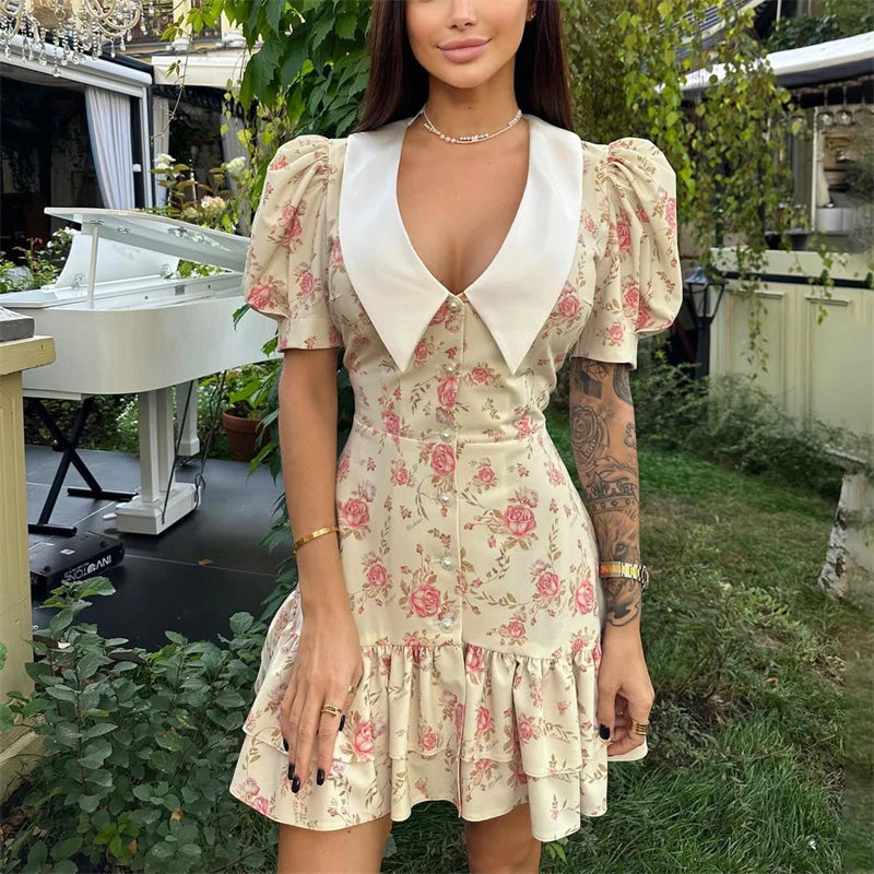 nova Print Puff Sleeves Ruffled Dress