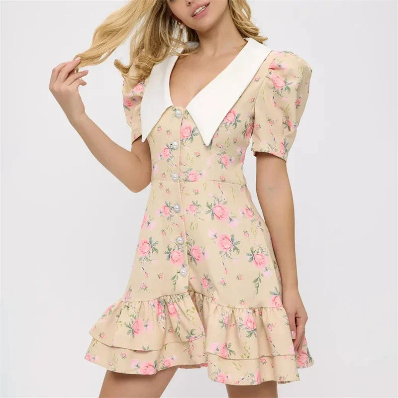 nova Print Puff Sleeves Ruffled Dress