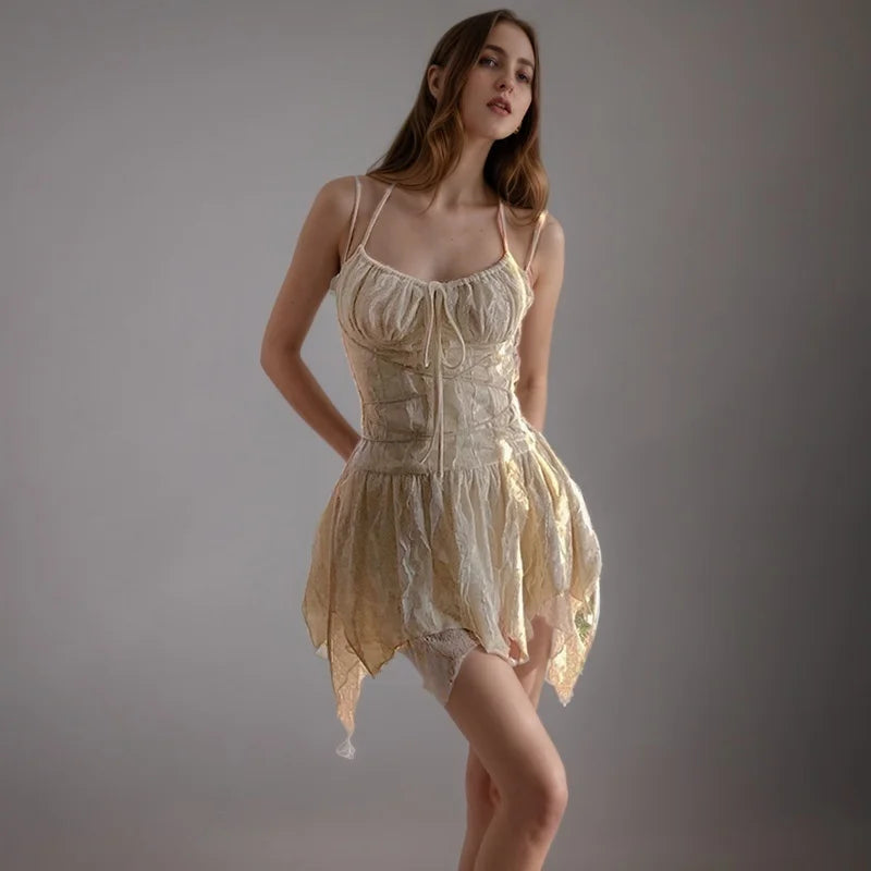 DEAT Velvet Lace Up  Strap Dress